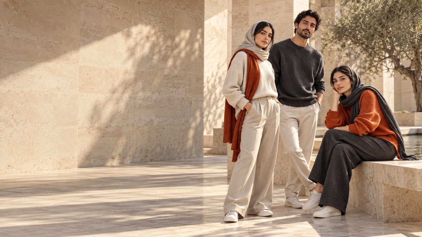 Holiday models wearing elevated knitwear in a light architectural setting